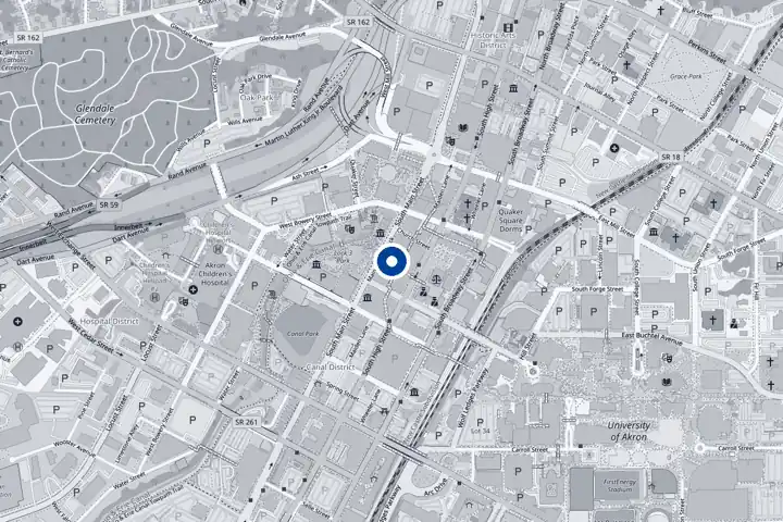 Map of downtown Akron with the office at 195 S. Main St. marked
